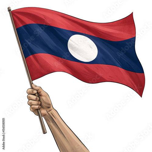 Laos flag held in waving gesture with clean transparent PNG emphasizing Southeast Asian identity and simplicity