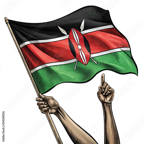 Kenyan flag in clean waving hand illustration with transparent PNG expressing identity culture and unity