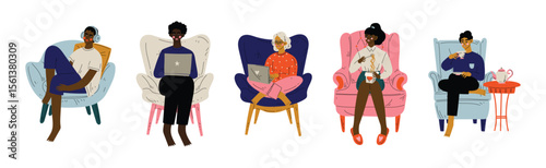 People Sit in Armchair at Home Doing Different Activity Vector Set