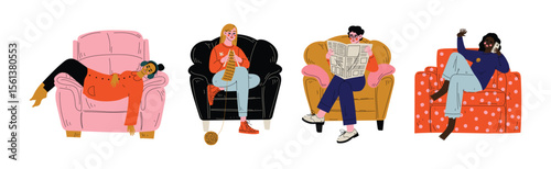 People Sit in Armchair at Home Doing Different Activity Vector Set