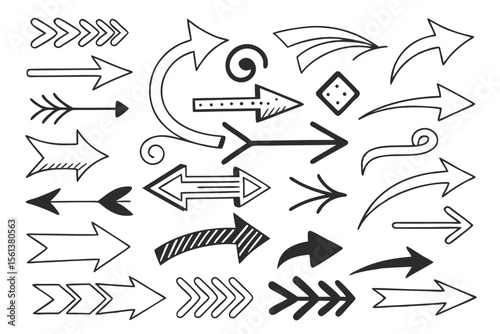 Vector Sketch Arrows Set Featuring Hand-Drawn Curved and Circular Icons in Black for UI Navigation Layouts, Infographic Designs, and Presentation Graphics.

