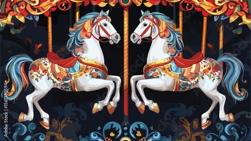 Colorful Carnival Carousel Horses Vector Icon Illustration