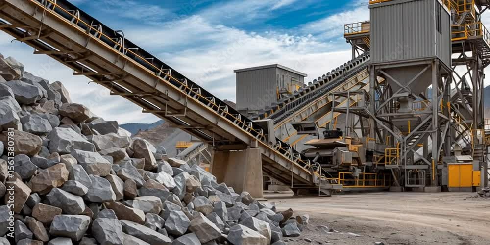 Rock Crushing Plant and Conveyor Belt at Industrial Mining Site