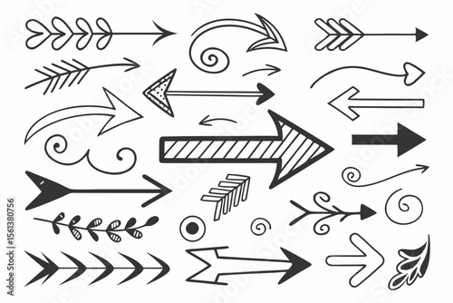 Hand-Drawn Arrows Set in Sketch Vector Style Featuring Zigzag and Swirled Black Lines for Infographic Layout Templates, Navigation UI Projects, and Presentations.

