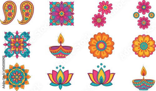 Vector diwali elements set with paisley flowers and diya oil lamp designs