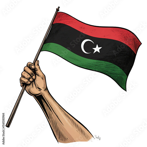 Libyan flag in waving hand style transparent PNG with bold green black and red showing identity and national pride