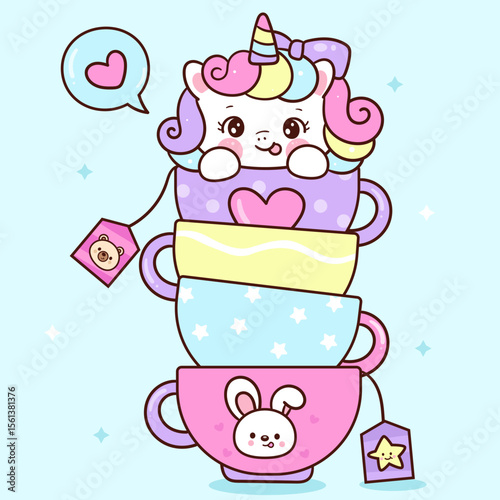 Cute Unicorn vector in Sweet Coffee mugs Fairy animal Kawaii Sticker