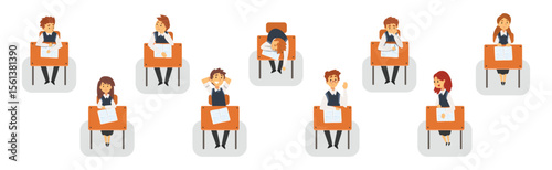 Boy and Girl School Pupil Sit at Desk at Lesson Vector Set