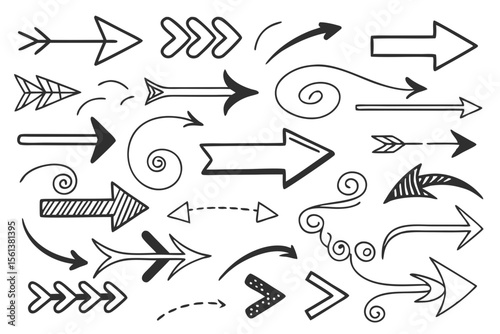 Curved and Zigzag Arrow Icons in Hand-Drawn Vector Sketch Style Featuring Swirled Black Lines for UI Navigation Templates, Infographics, and Design Presentations.

