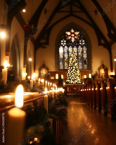 Warm candlelight glows beside a decorated Christmas tree in a church during a festive evening ceremony. Generative AI