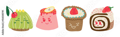 Cute Sweet Dessert with Smiling Face Vector Set