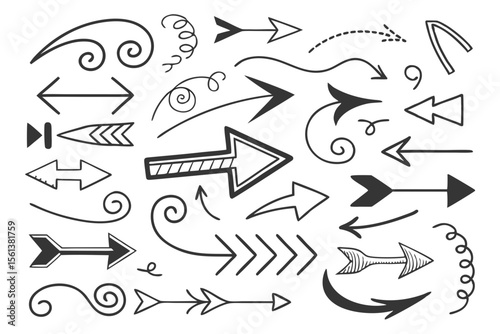 Swirled and Curved Arrows in Hand-Drawn Vector Sketch Style. Black Icons for Infographics, UI Navigation Templates, and Presentation Layout Design Graphics.

