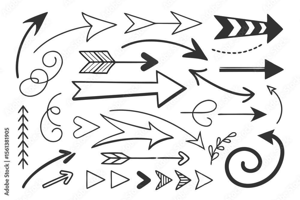 Fototapeta premium Curved Arrow Icons in Hand-Drawn Vector Sketch Style Featuring Circular and Swirled Lines in Black for UI Navigation Projects, Infographics, and Design Presentations.