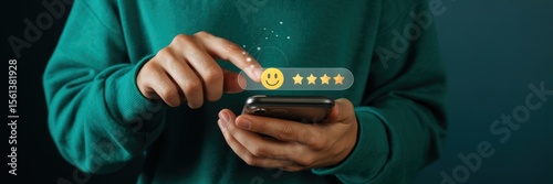 Person interacting with a smartphone displaying a rating interface.