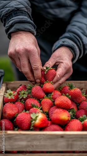 A person's hands carefully place fresh, ripe strawberries into a wooden crate, showcasing the abundance of the harvest