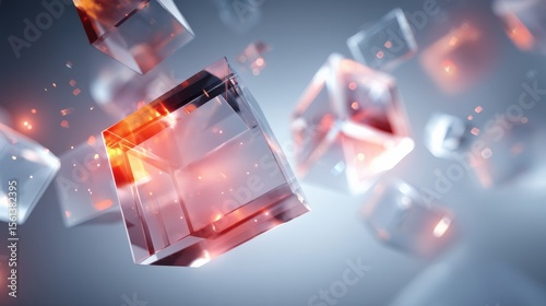 Floating Transparent Cubes with Internal Orange Glow in a Soft Focus Arrangement