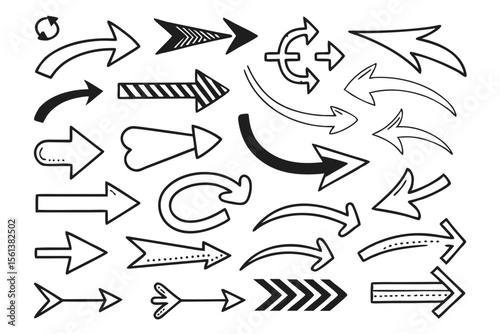 Sketchy Hand-Drawn Arrow Icons in Vector Style Featuring Curved, Circular, and Zigzag Black Designs for Infographics, Navigation UI Layouts, and Graphic Presentations.

