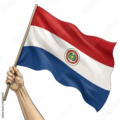 Paraguayan flag raised in hand with red white and blue identity showing strong national pride
