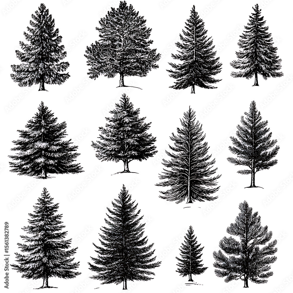 Obraz premium Highly detailed illustrations of various trees, leaves, grasses, and botanical elements, featuring realistic, minimalist, and abstract compositions on a white background.