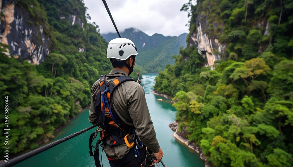Obraz premium Man with safety helmet and harness on a zip line looking out at a turquoise river and lush green mountain landscape