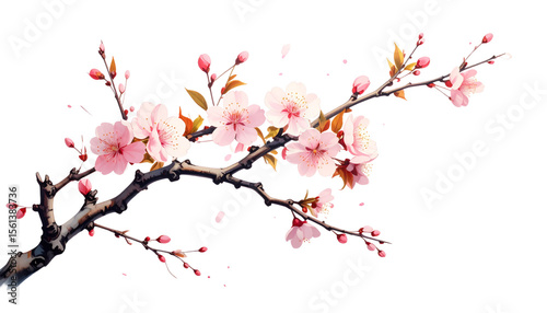Beautiful pink cherry blossoms blooming on branches, shown isolated on white background