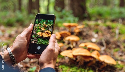 Person taking a photo of cluster of brown mushrooms with smartphone in forest greenery and moss visible in background