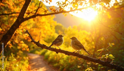 Two birds perch on a branch sun shining through the golden autumn foliage creating a warm tranquil scene in the forest