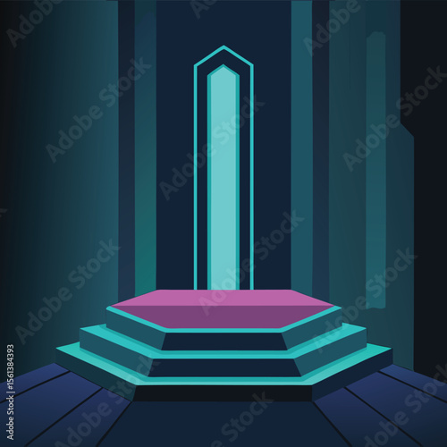 Futuristic geometric stage with glowing portal and tiered platform in dark setting