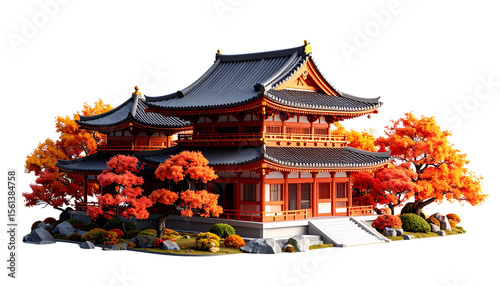 Traditional Chinese temple with ancient architecture isolated on white background