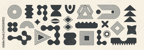 Abstract shape element, line brutalist figure, geometry set. Organic bauhaus retro form on beige bg. Minimal futuristic sticker, spiral frame mid century, basic black label. Simple vector illustration