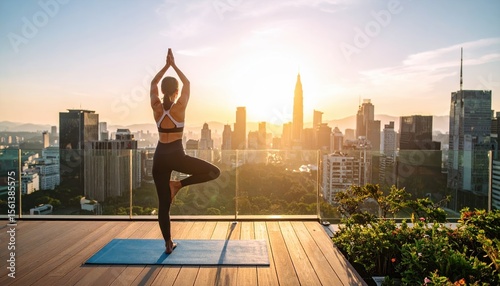 Woman in sportswear practices tree pose yoga on a rooftop city skyline visible at sunrise with skyscrapers and a blue
