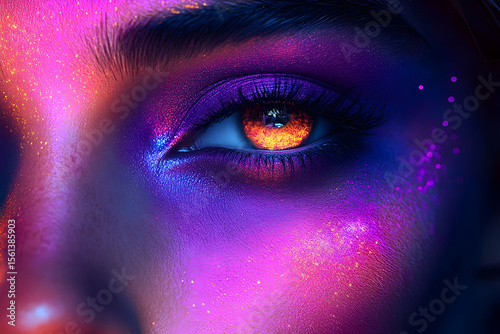 Vibrant Eye with Neon Makeup and Glowing Iris in Close-Up Detail