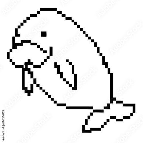 A dugong in playful pose while swimming in a black pixel outline style
