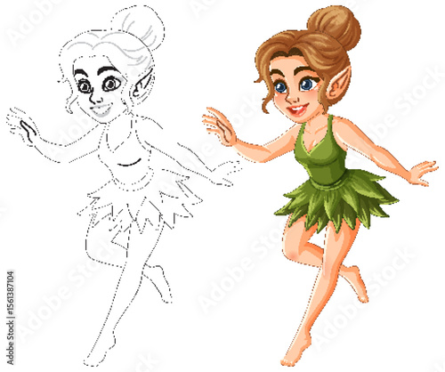 Playful Fairy in Green Dress Vector Illustration