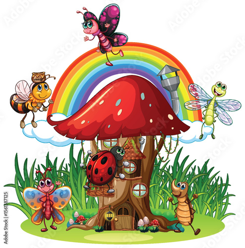 Whimsical Insect World with Mushroom House and Rainbow