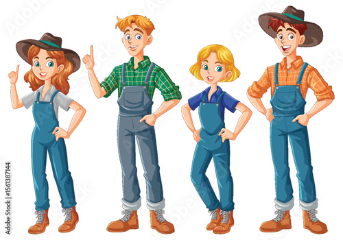 Cheerful Farmers in Overalls and Hats Illustration