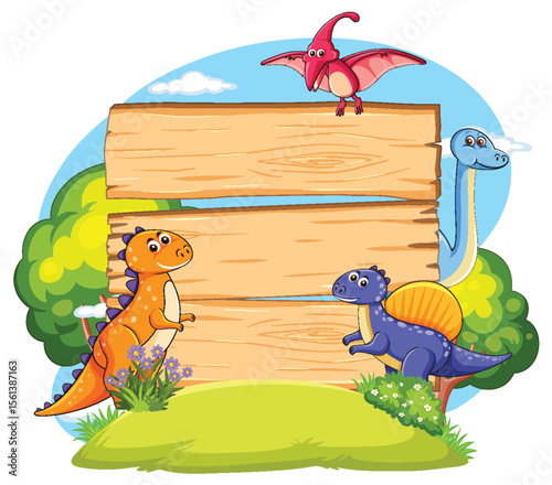 Colorful Dinosaurs Around Wooden Sign Illustration