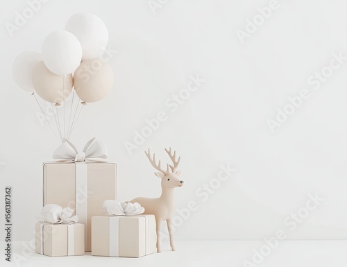 Beige gift boxes, balloons, and deer figurine on a white wall