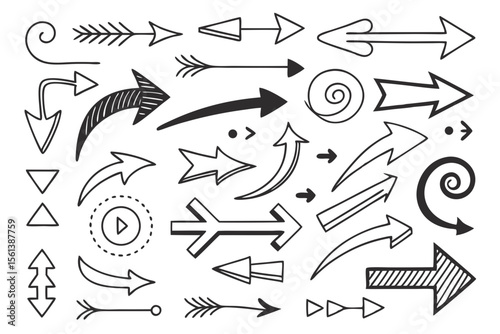 Hand-Drawn Arrow Icons in Sketch Style Featuring Curved, Zigzag, and Circular Black Vector Designs for Infographics, Navigation UI Charts, and Design Presentations.

