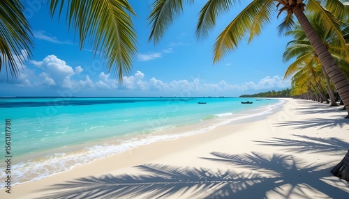 Sunny beach with clear turquoise water and white sand, palm trees swaying