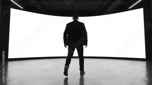Dark man silhouette walking by big blank white screen with space for your logo or text in abstract empty hall area with dark ceiling and floor, mockup