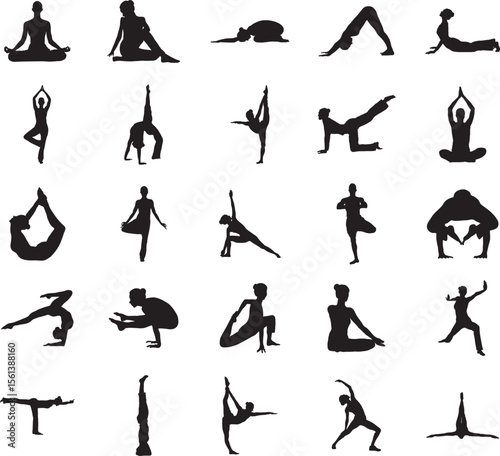 yoga poses, meditation, silhouettes, black and white, minimalist, line art, geometric, abstract, tranquil, harmonious, graceful, flexible, wellness, health, spirituality
