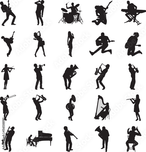 black and white silhouettes of musicians playing various musical instruments, musical performance, band, orchestra, jazz, rock, piano, drums, guitars, saxophones, microphones, dancers, singers