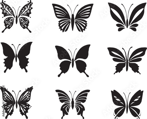 butterflies, butterfly silhouettes, butterflies art, black and white butterfly illustrations, vector butterfly designs, simple butterfly shapes, monochrome butterfly icons