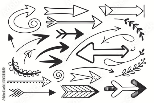 Vector Collection of Hand-Drawn Arrows in Sketch Style Featuring Circular and Zigzag Black Lines for UI Navigation Projects, Infographic Designs, and Presentation Templates.

