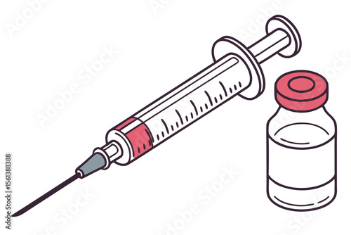 Healthcare Syringe and Vial Vector Line Drawing on White Background