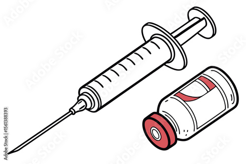 Medical Injection Syringe with Medicine Vial Line Art on White Background