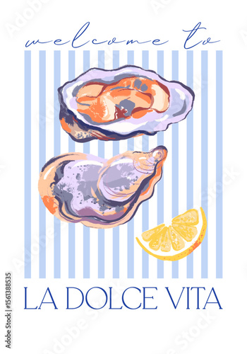 Hand drawn seafood retro poster. Oysters with lemon slice on striped background in soft pastel colors. Vintage sketch vector illustration.