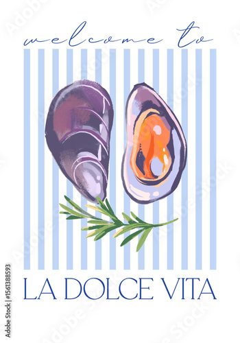 Hand drawn seafood retro poster. Mussels with rosemary herb on striped background in soft pastel colors. Vintage sketch vector illustration.