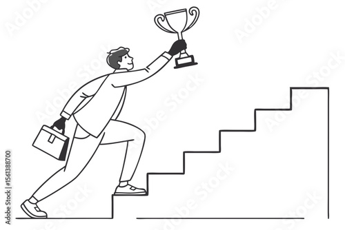 Perseverance Concept with Man and Trophy Climbing Steps Vector Art